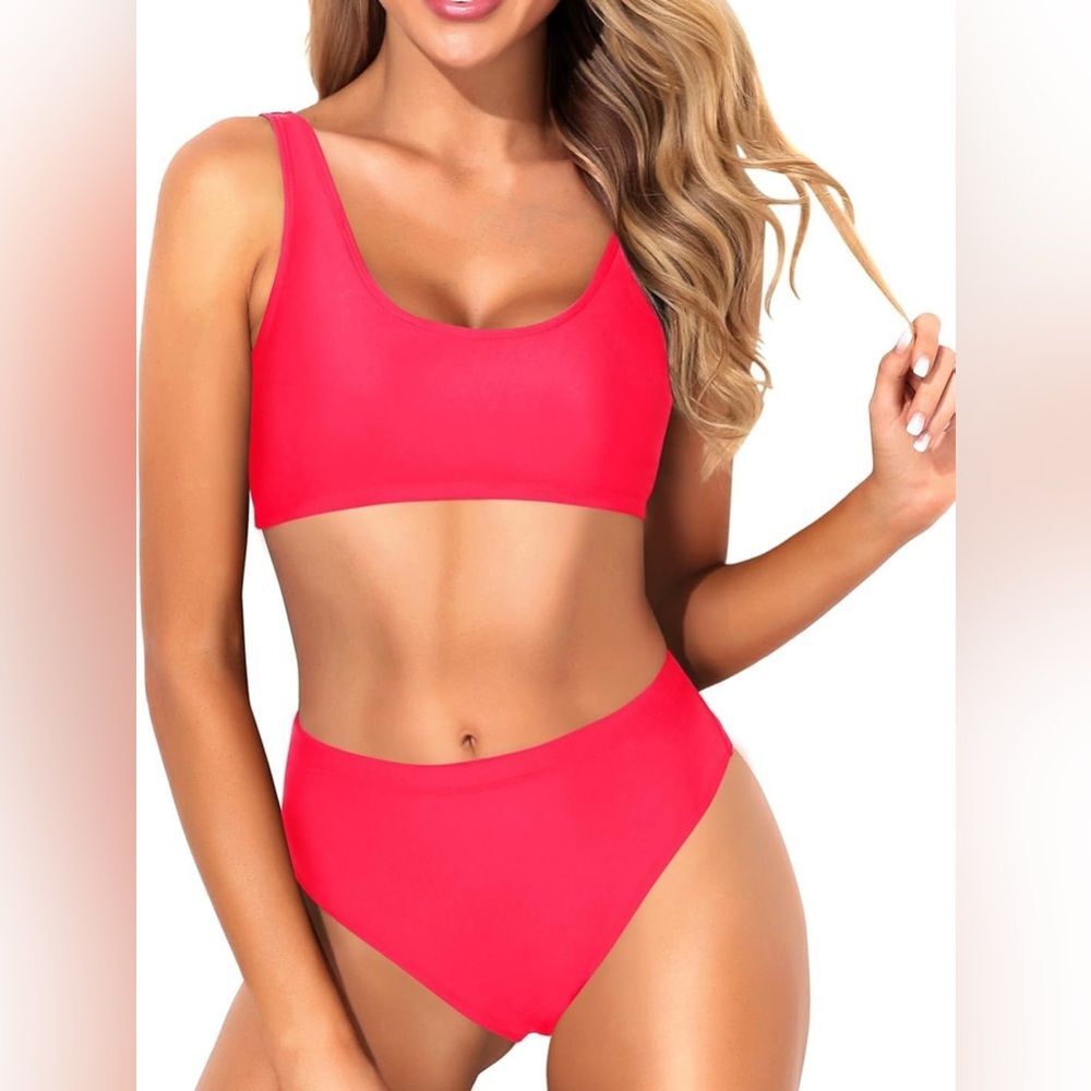 Tempt Me Women Two Piece Scoop Neck Bikini Crop Top Sporty High Waisted bottom M